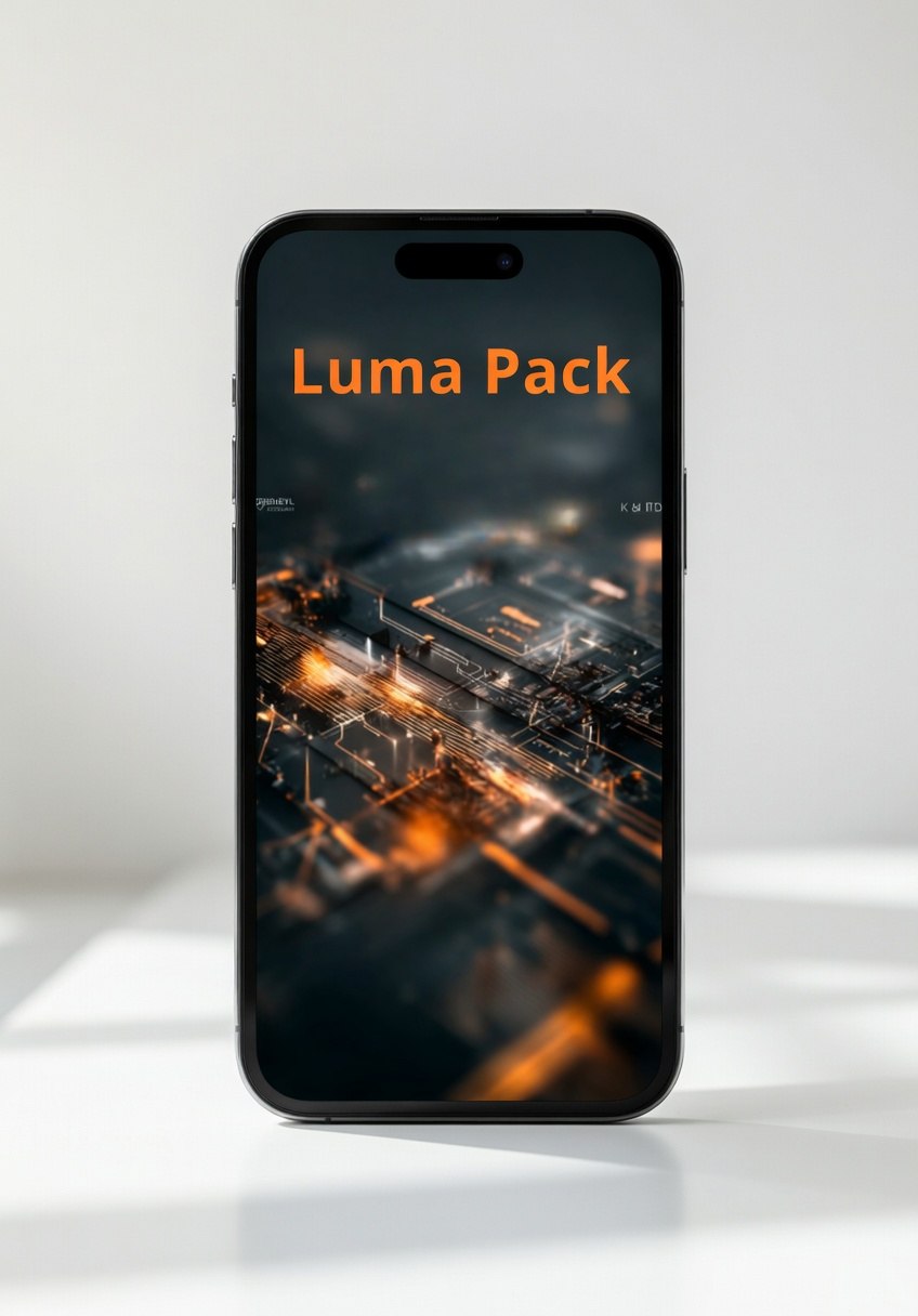 Smartphone with 'Luma Pack' on screen displaying a cityscape