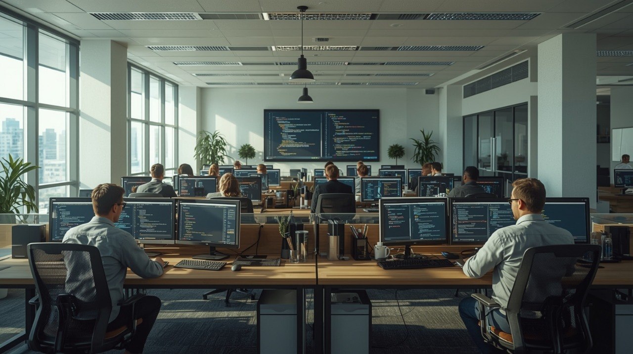 People working at desks with computer monitors in a modern office setting.