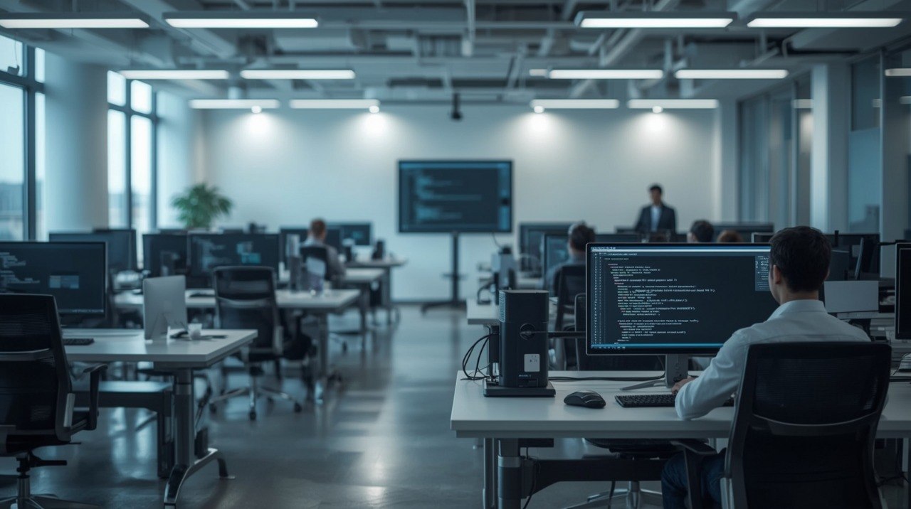 Modern office with employees working on computers in a high-tech environment