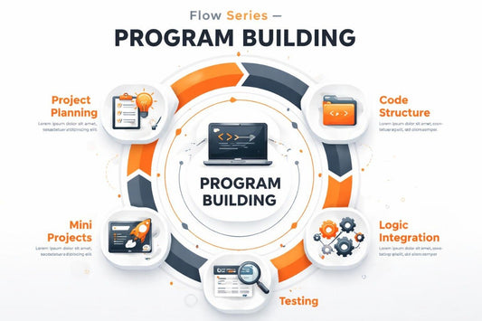 Flowchart of program building process with icons and text on a white background