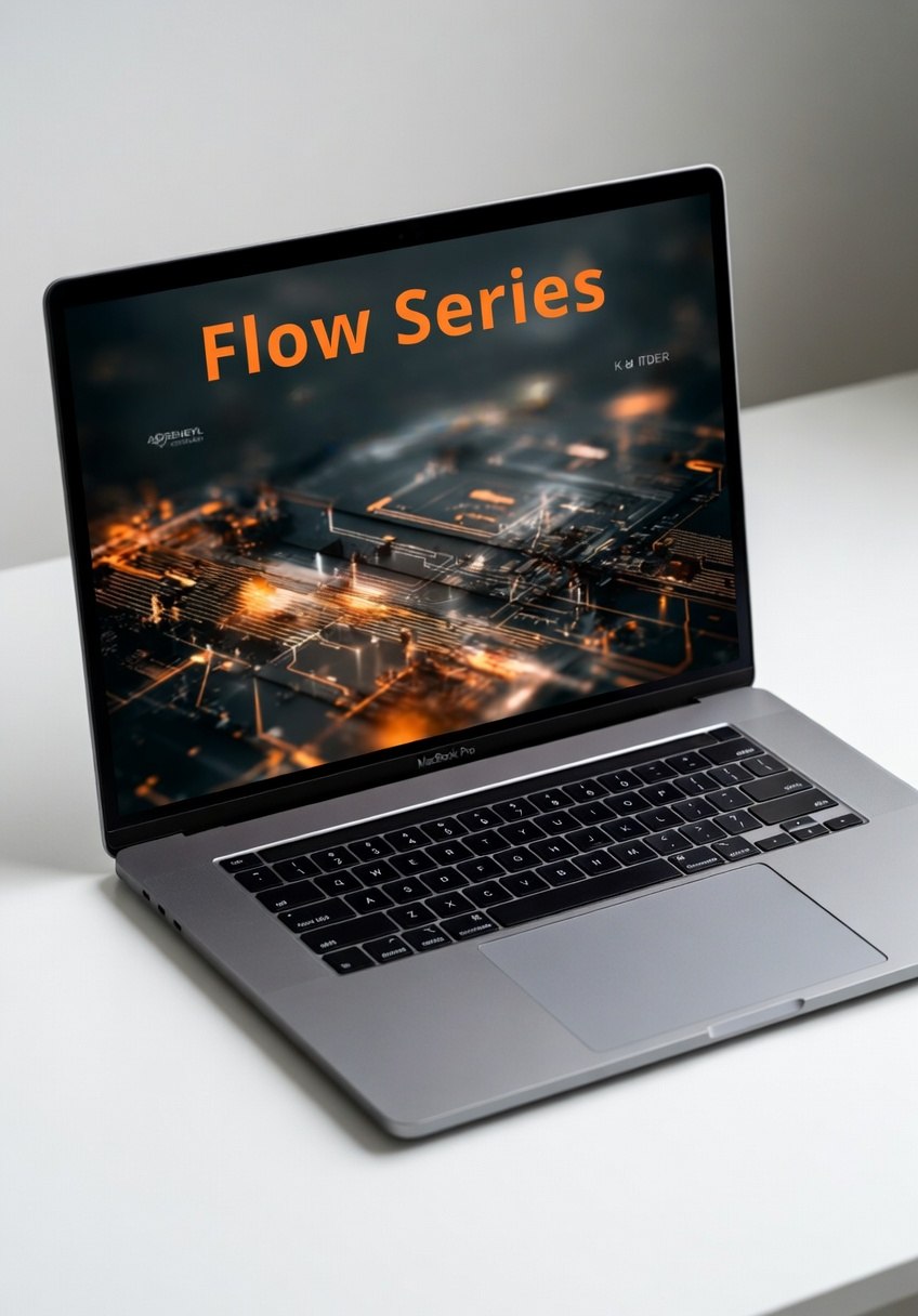 Laptop displaying 'Flow Series' on a white surface