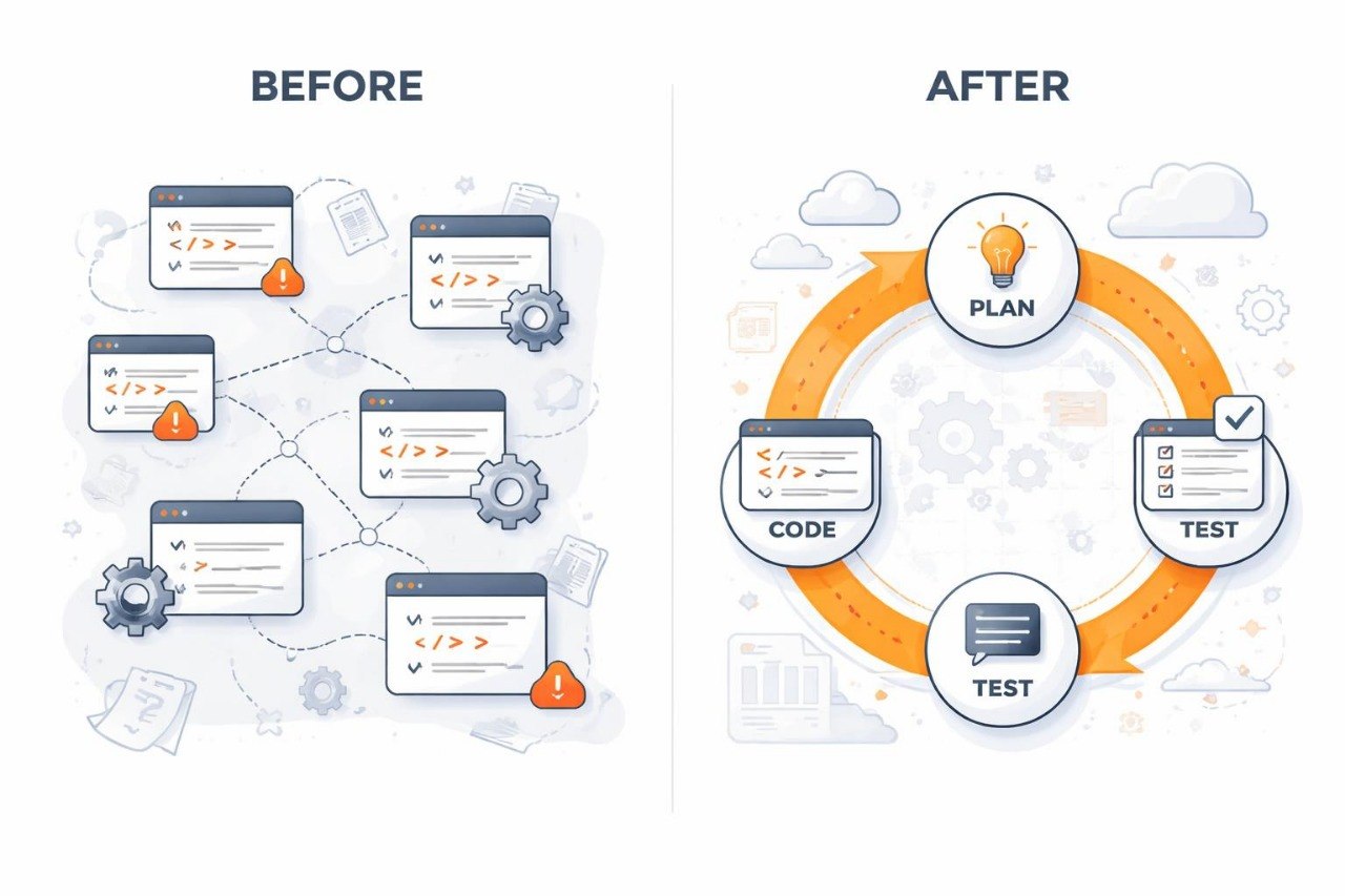 Before and after comparison of software development process with icons and text labels.