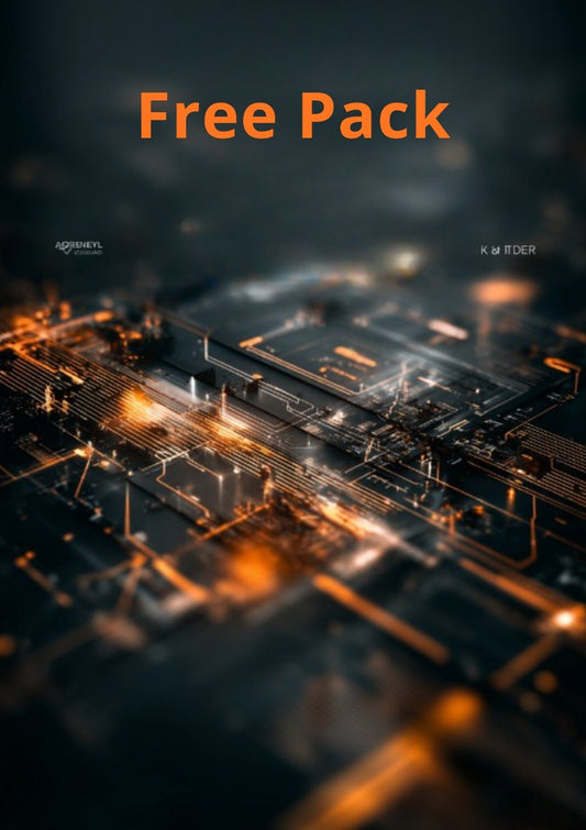 Close-up of a circuit board with glowing elements and 'Free Pack' text.