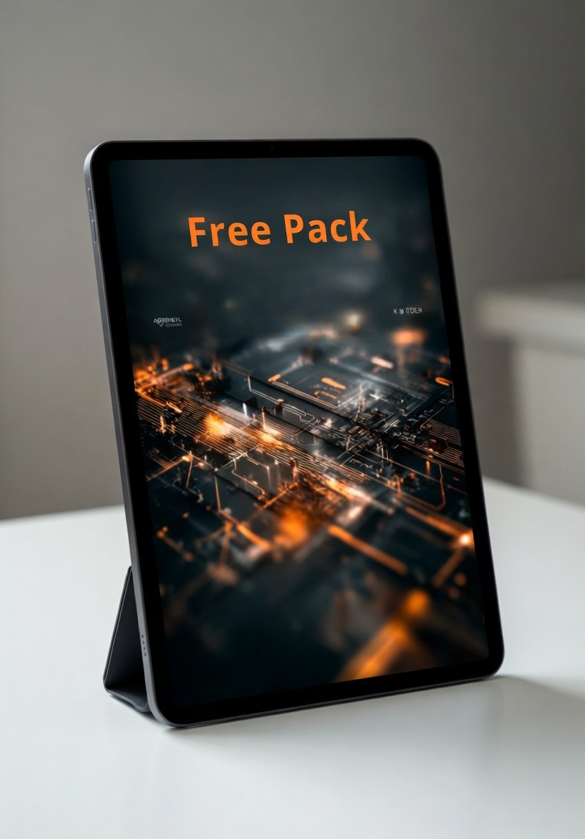 Tablet displaying a free pack offer with a dark screen and text.