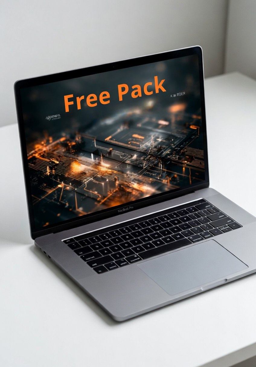 Laptop on a white surface with a dark screen displaying 'Free Pack' text.