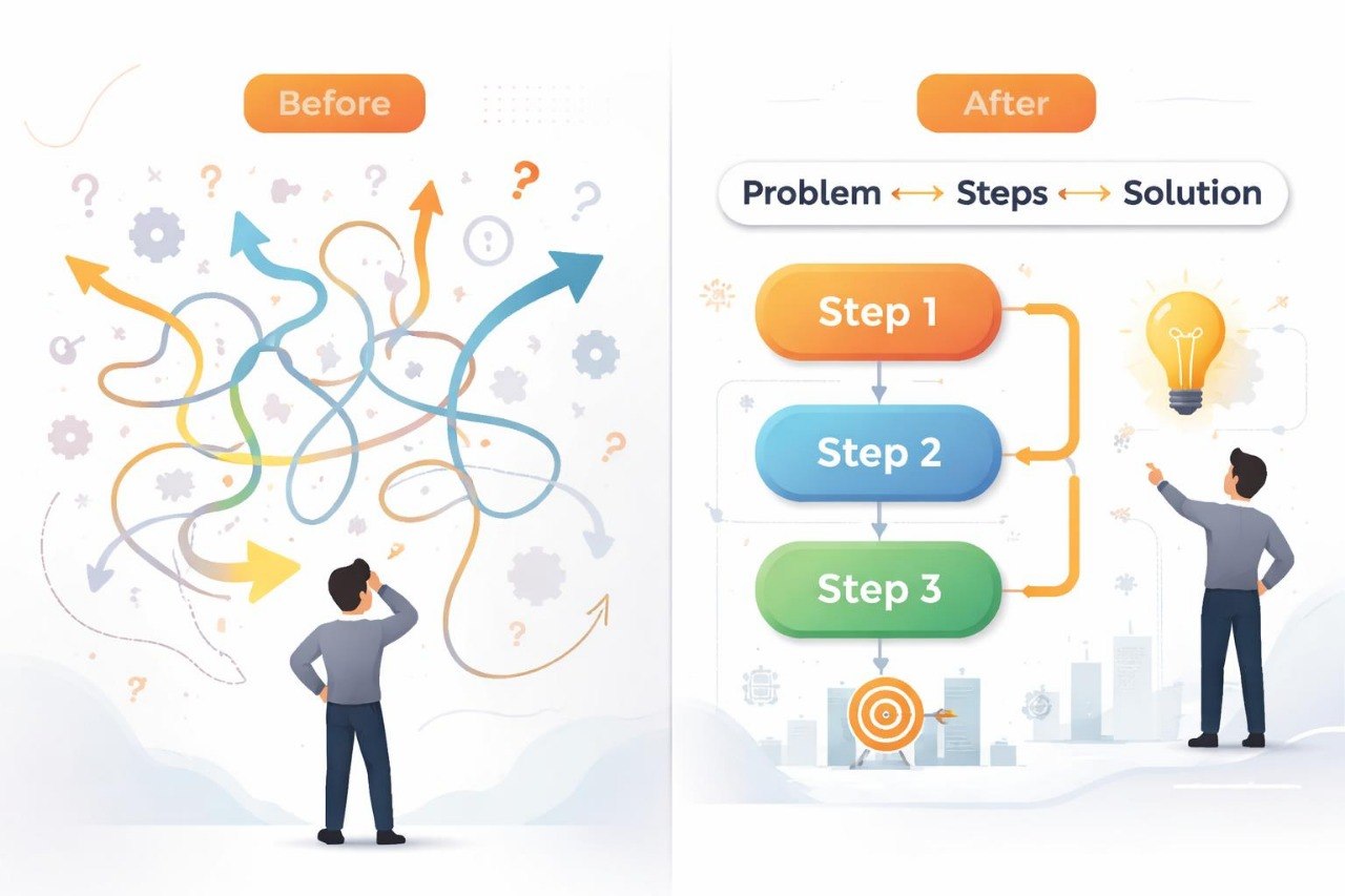 Before and after diagram showing problem-solving process with steps and solution.