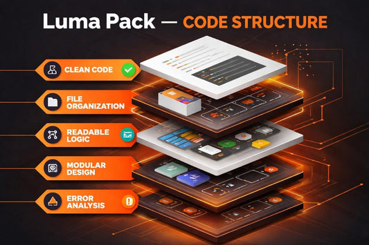 Luma Pack code structure diagram with features like clean code, file organization, and error analysis.