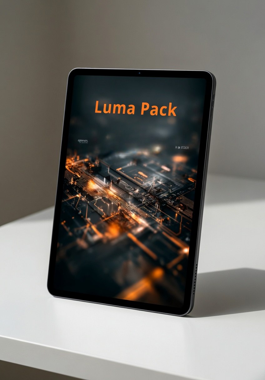 Tablet displaying 'Luma Pack' on a white surface with a dark background