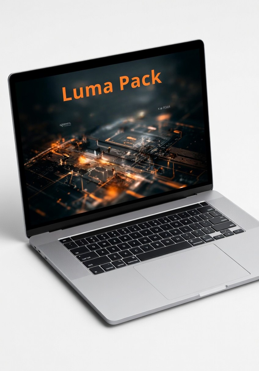 Laptop with 'Luma Pack' on the screen on a white background