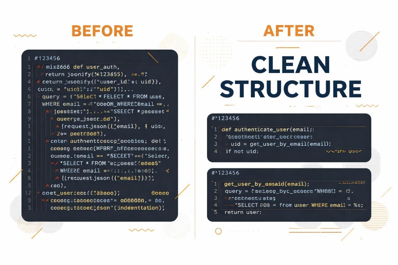 Comparison of messy and clean code structure with 'Before' and 'After' labels.
