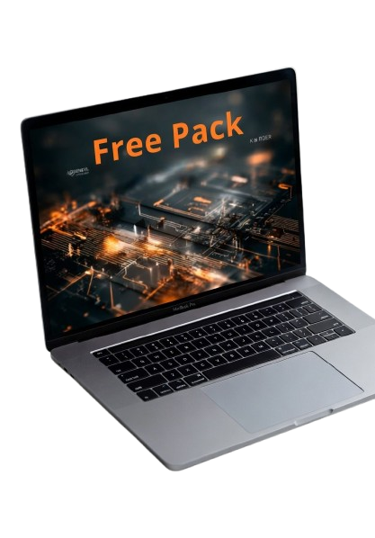 Laptop with a screen displaying 'Free Pack' on a white background