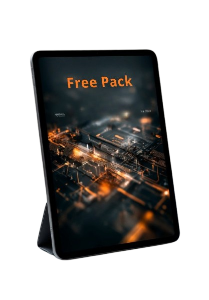 Tablet with a dark screen displaying 'Free Pack' on a white background