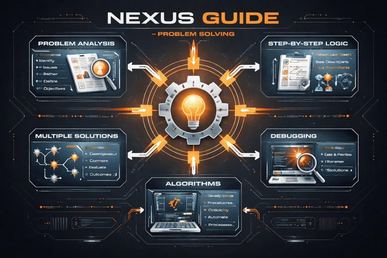Nexus Guide problem-solving infographic with a central gear and light bulb, surrounded by problem analysis, step-by-step logic, multiple solutions, and debugging sections.