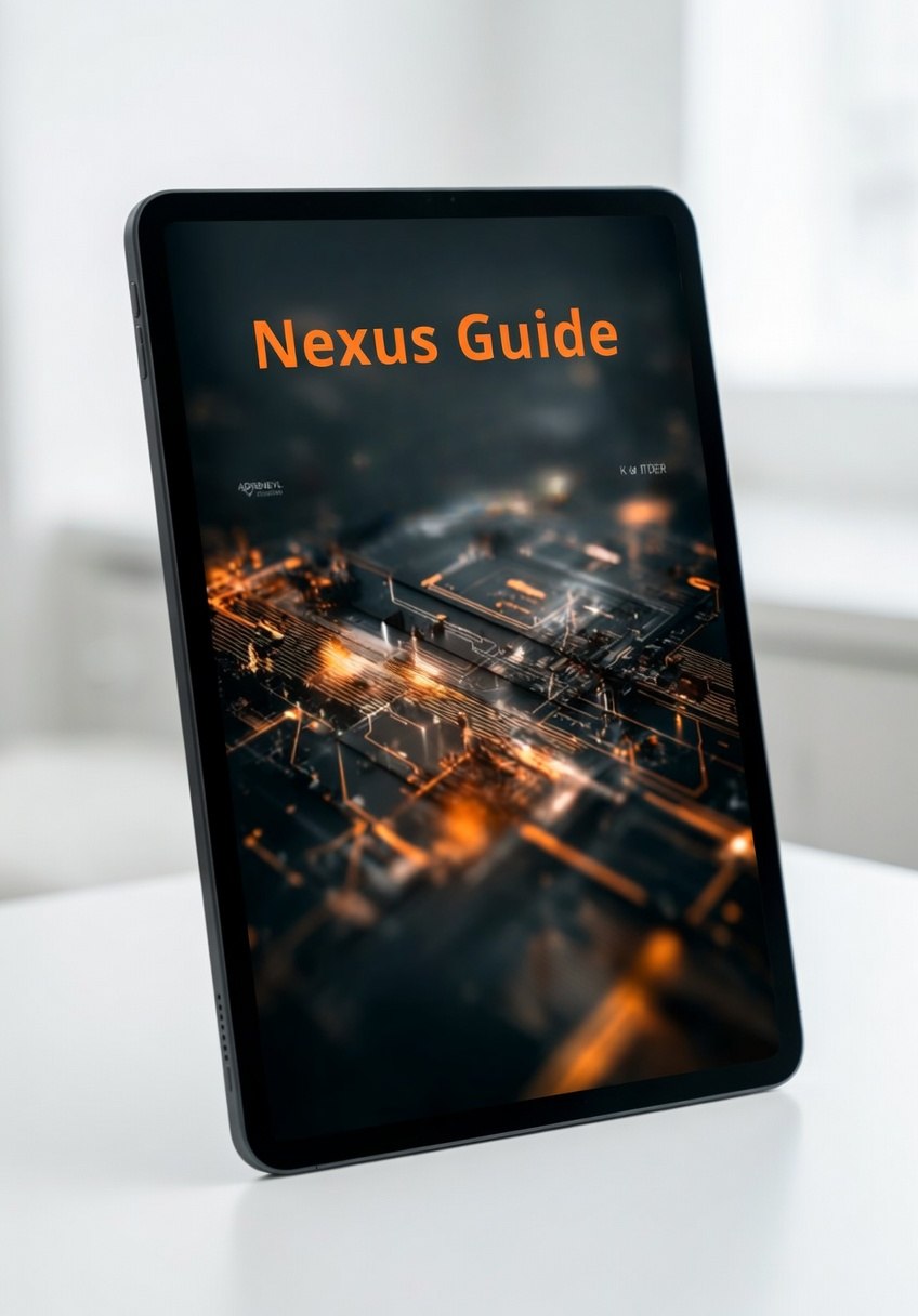 Tablet displaying a 'Nexus Guide' with a futuristic cityscape design on a white surface.