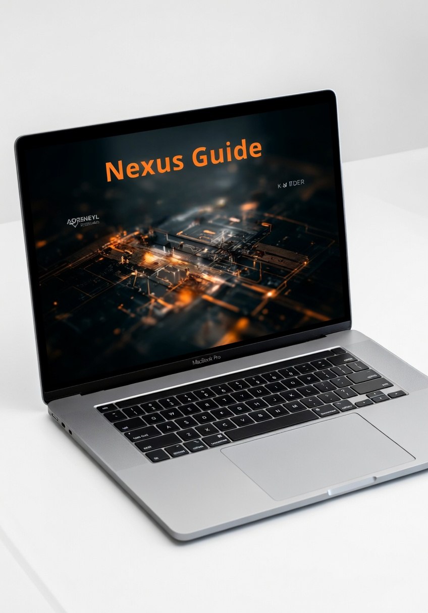 Laptop with 'Nexus Guide' on screen on a white surface