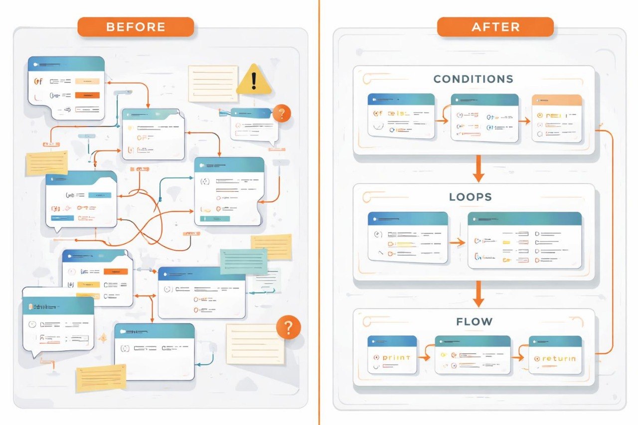 Comparison of a complex flowchart labeled 'Before' on the left and a simplified version labeled 'After' on the right.