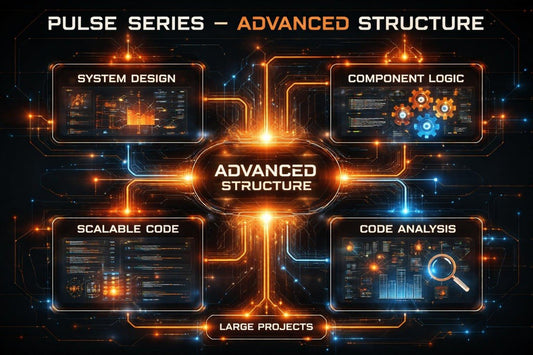 Diagram of 'Pulse Series - Advanced Structure' with system design, component logic, scalable code, and code analysis elements.