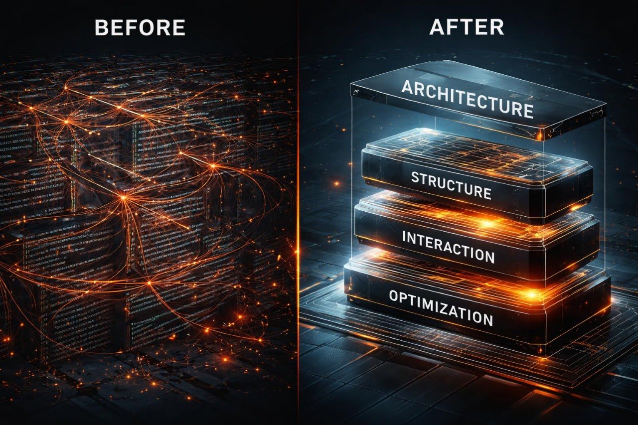 Before and after comparison of architectural components on a dark background