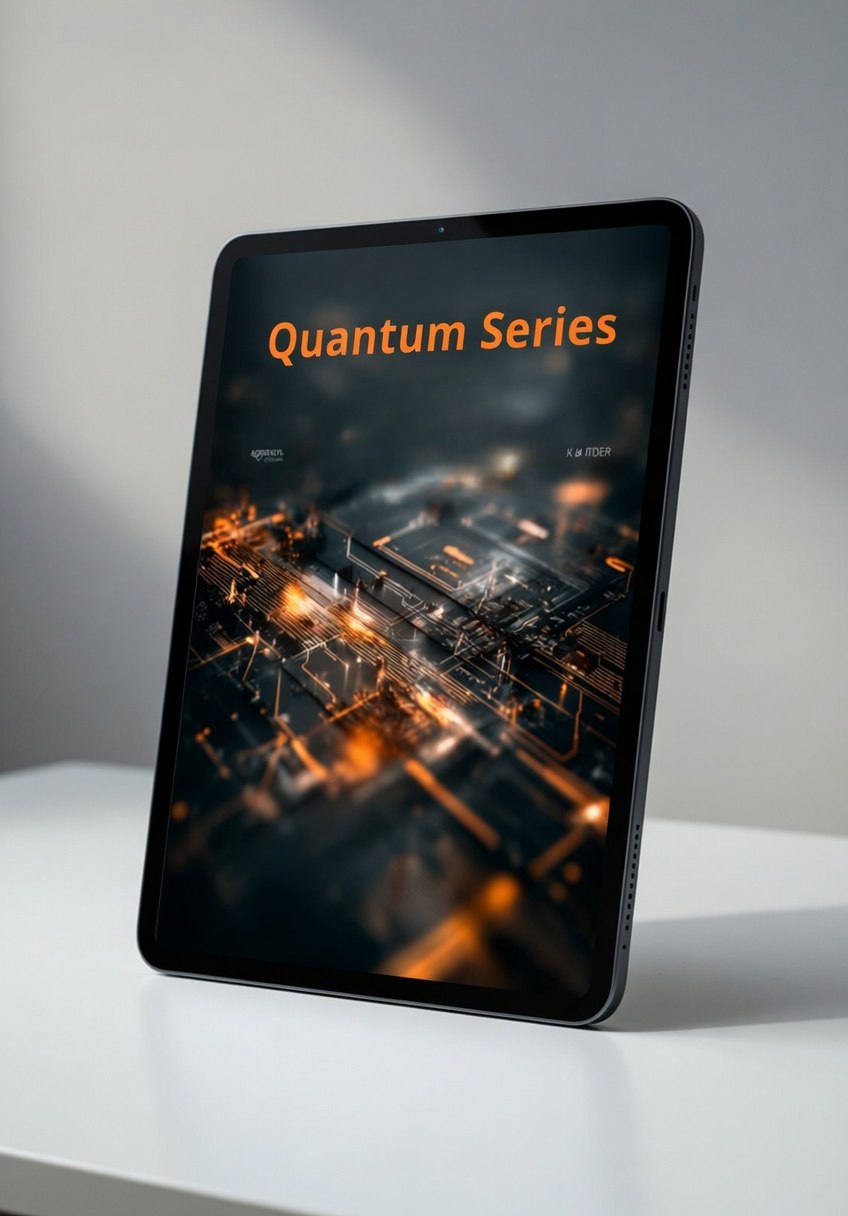 Tablet displaying 'Quantum Series' on a white surface with a gray background