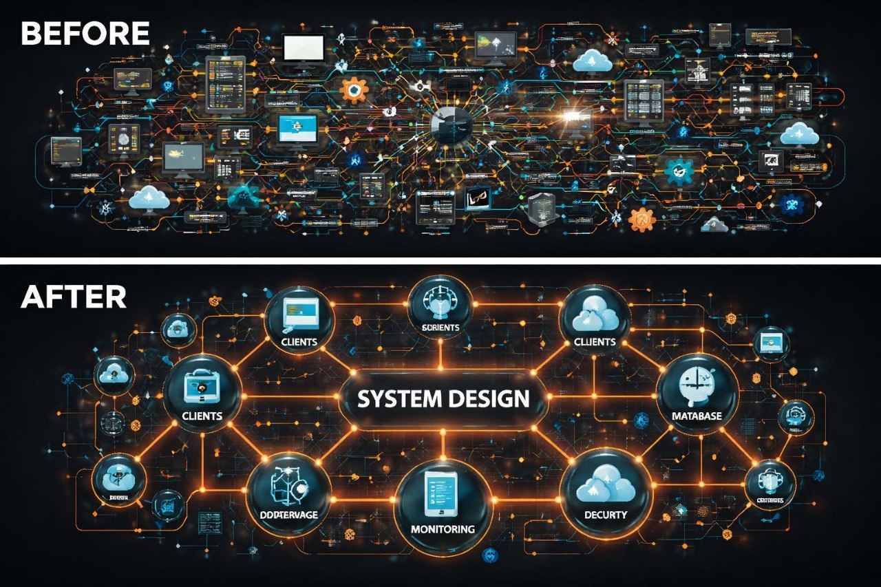 Before and after comparison of a system design diagram with highlighted components.