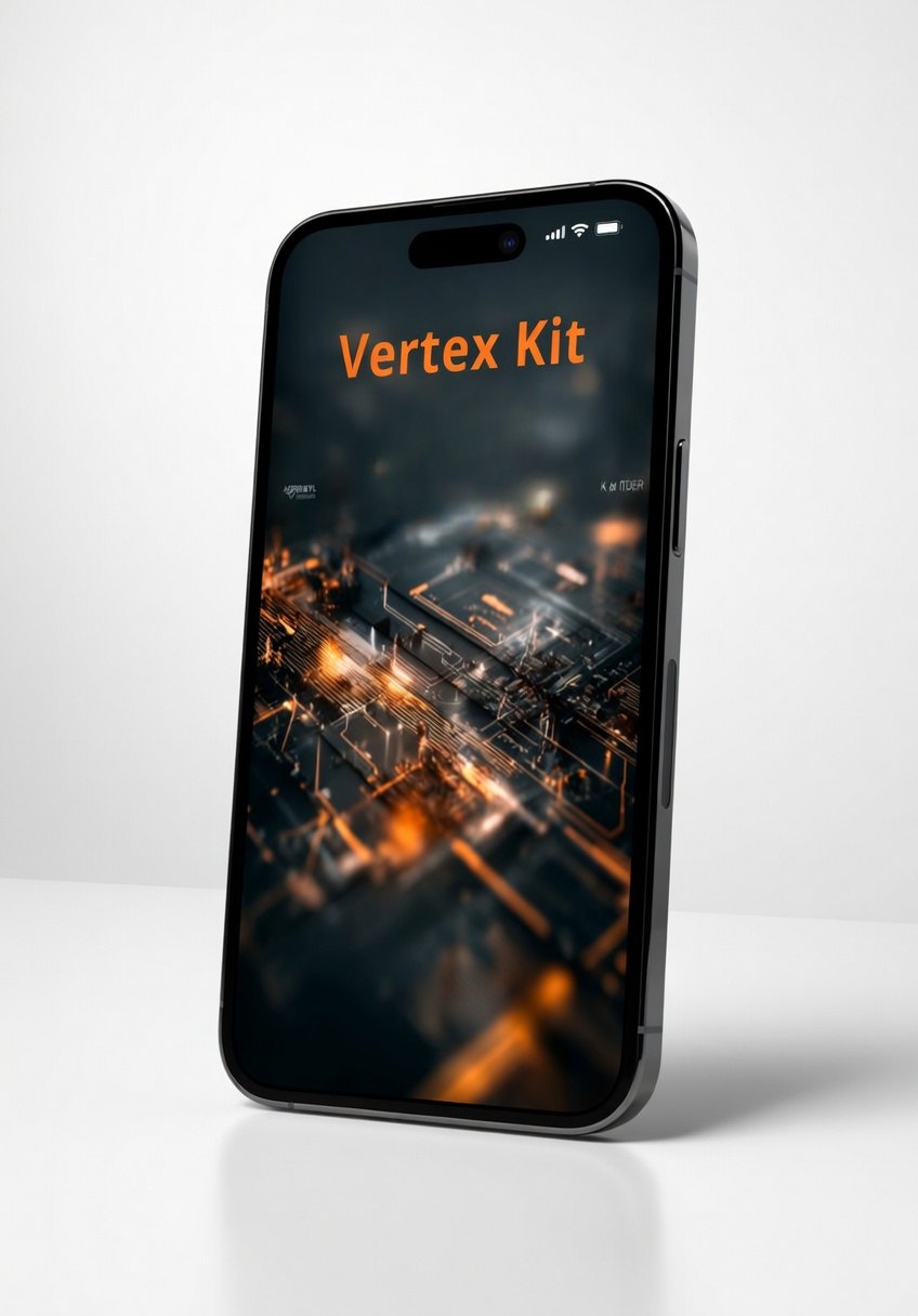 Smartphone displaying 'Vertex Kit' app with cityscape background