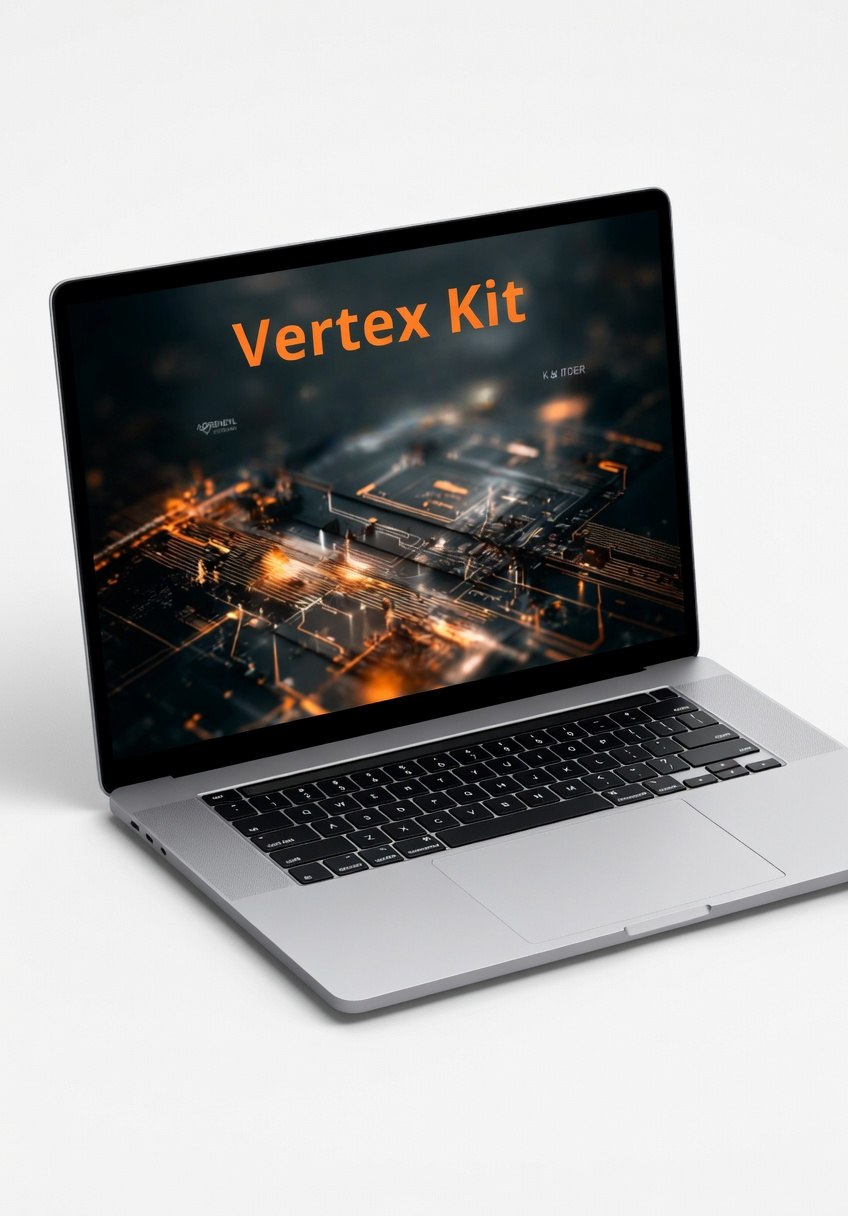 Laptop with 'Vertex Kit' on the screen on a white background