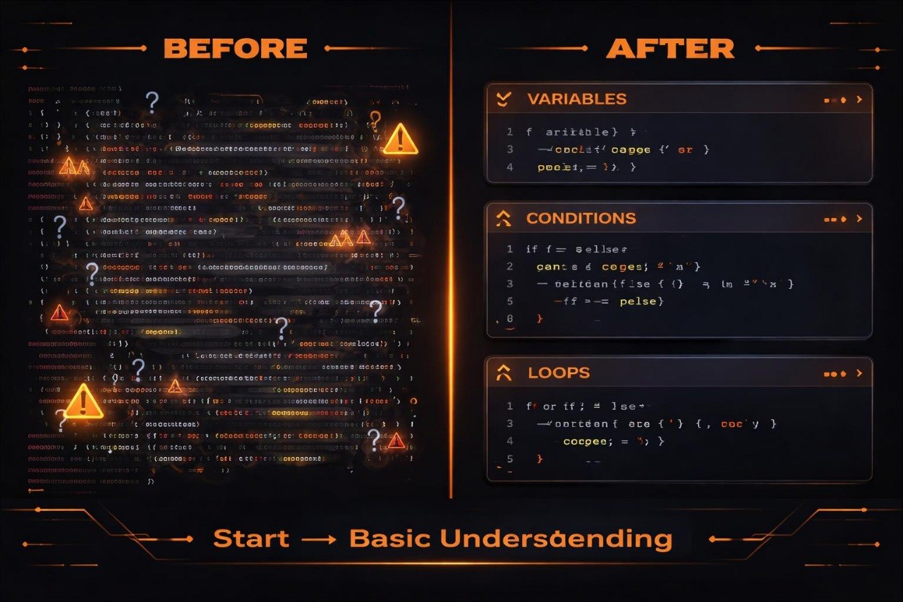 Comparison of code with 'Before' and 'After' highlighting variables, conditions, and loops.